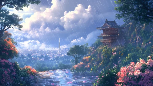 Rain-kissed hilltop temple watching over glittering cityscape.