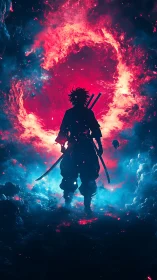 Silhouette swordsman framed by fiery neon energy portal