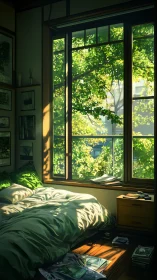Morning leaflight pouring into a quiet cozy bedroom.