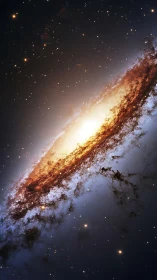 Edge-on spiral galaxy core with glowing dust lanes in space.