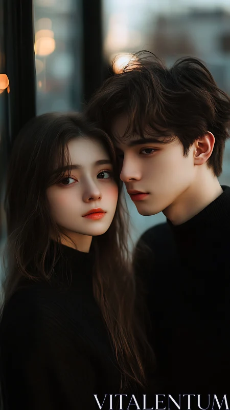 Young couple shares intimate moment in urban twilight setting.