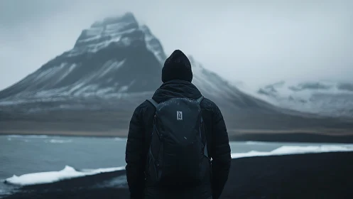 Lone hiker contemplates a misty, snow-streaked mountain peak.