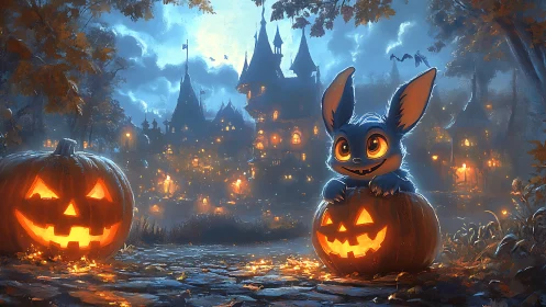 Whimsical blue creature in glowing pumpkin village nightscape.