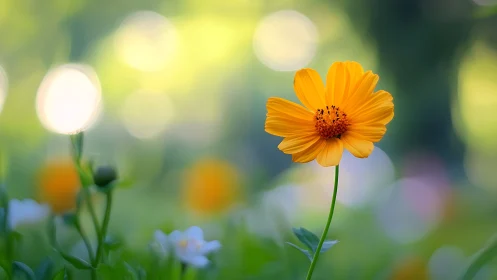 Photorealistic macro of single orange cosmos on bokeh field.