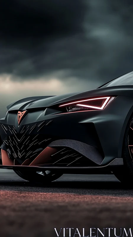 Futuristic sport car front cuts through stormy twilight road