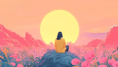 Sun-soaked dreamwatcher on a neon blossom horizon.