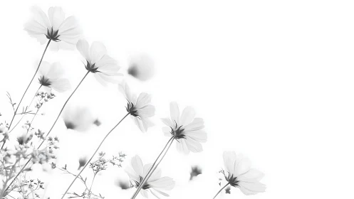 Delicate cosmos flowers drift in monochromatic soft focus.