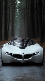 Futuristic white BMW concept car on misty forest road.