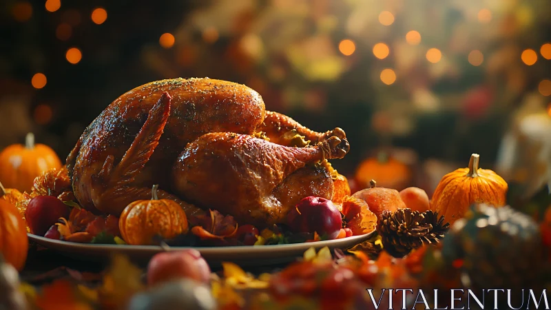 Roast turkey on platter surrounded by pumpkins and autumn decor