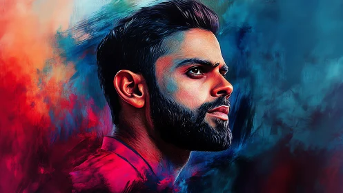 Neon storm portrait of a focused bearded dreamer.