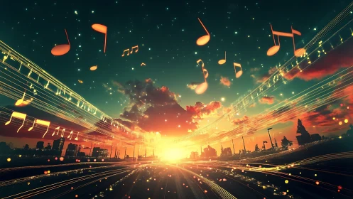 Digital cityscape depicts musical notation over sunset horizon