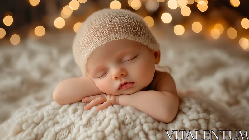 Newborn sleeps peacefully on textured blanket under warm lights