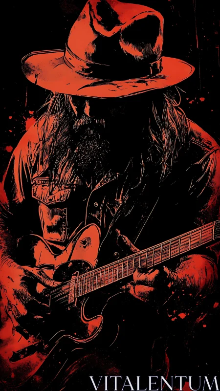 Red noir guitarist silhouette in dramatic comic style.