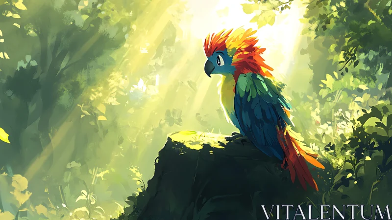 Vibrant parrot perched on rock in sunlit digital rainforest artwork.