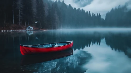 Bright red canoe rests calmly on a misty forest lake