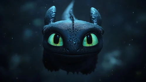 Close-up of luminous-eyed dragon in moody blue light.