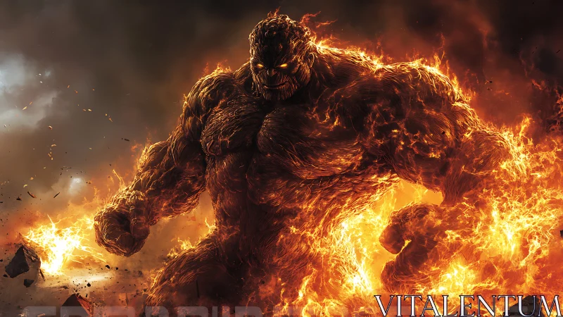 Molten fire giant strides through exploding battlefield inferno