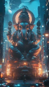 Colossal cyberpunk Ganesha idol amid neon cityscape at night.
