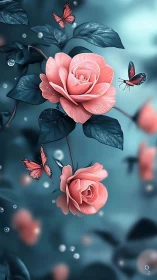 Coral Rose Bloom with Lepidopteran Companions in Blue Tonal Field.