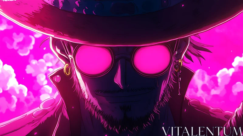 Silhouetted figure in hat with neon pink reflective glasses.