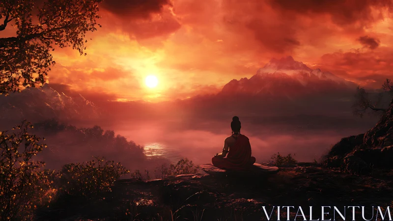 Solitary monk observing incandescent mountain sunrise.