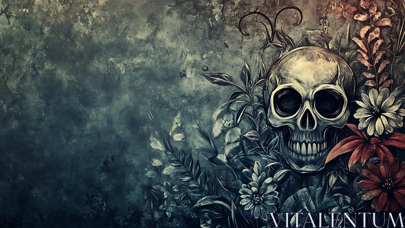 Digital painting of skull entwined with florals on textured wall.