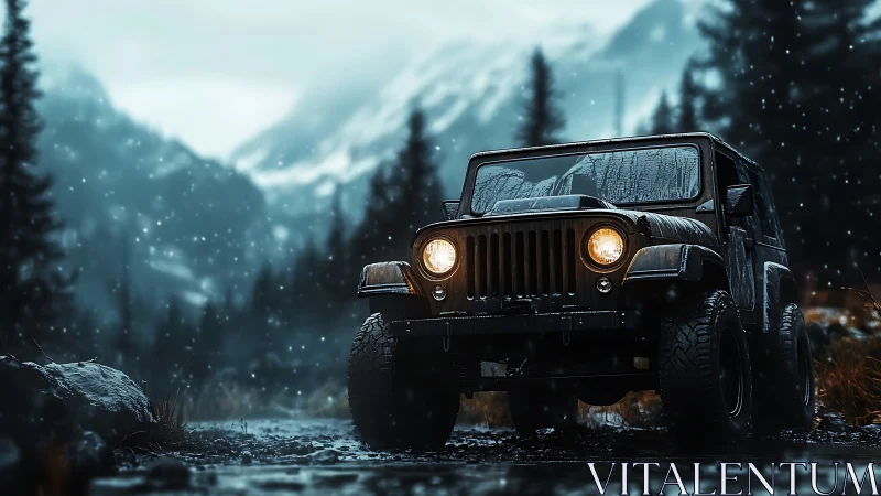 Off-road jeep powers through snowy alpine forest trail.