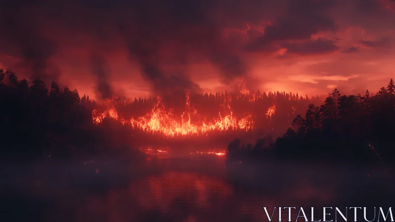 Nocturnal Forest Fire with Water Reflection.