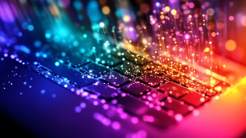 Glowing rainbow data sparks dancing over a laptop keyboard.