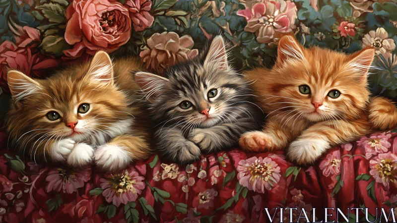 Three Fluffy Kittens Positioned Among Ornate Floral Tapestry Fabric