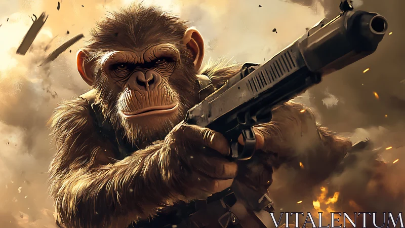 Digitally rendered ape holds firearm amid dispersed debris