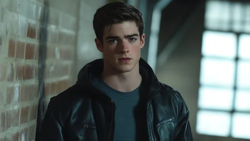 Moody young man in leather jacket by brick corridor.