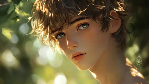 Digital portrait presents youthful figure in diffuse foliage light