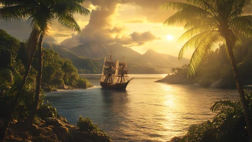 Tall Ship in Tropical Bay at Golden Hour