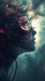 Cybernetic dreamer profile amid stormy neon clouds.