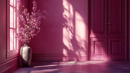 Pink interior corner with cherry blossoms and soft light.
