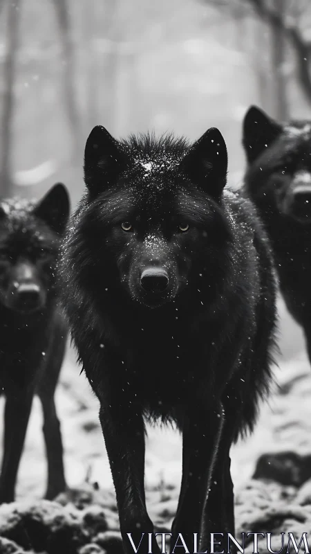 Black wolf pack in falling snow, shallow depth of field focus
