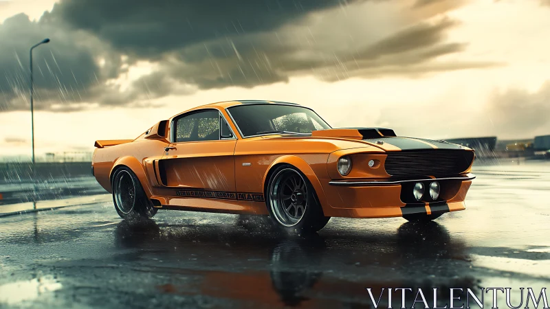 Orange classic muscle car on wet city street in rain.