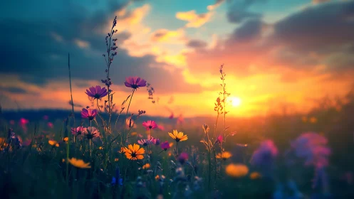 Wildflower Field Sunset: Purple Cosmos and Orange Daisies at Golden Hour