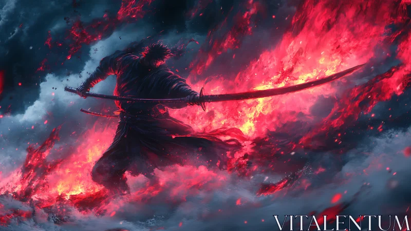 Blade dancer strides through storm and fire with quiet fury