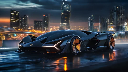 Midnight supercar glides through a glowing futuristic cityscape