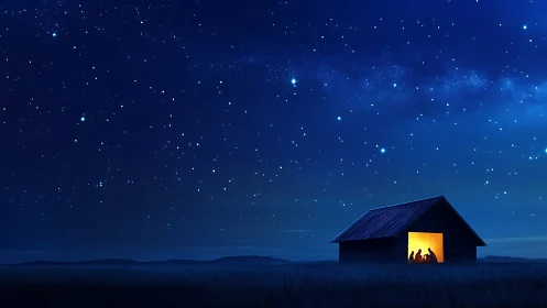 Star-drenched night sky above glowing rural cabin scene.