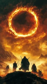 Fiery celestial ring above fantasy warriors in blazing valley.