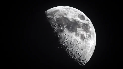 High contrast half moon with detailed craters in space.