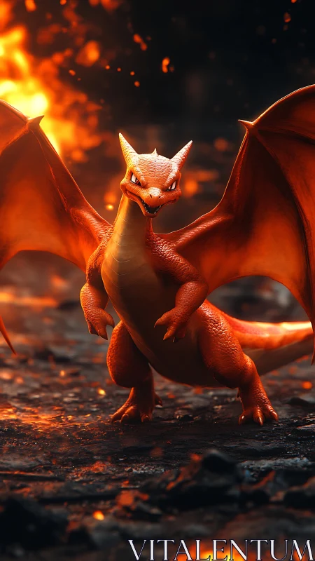 Orange dragon creature in fiery volcanic environment.