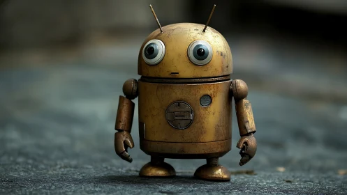 Weathered cylindrical robot with riveted joints and worn paint