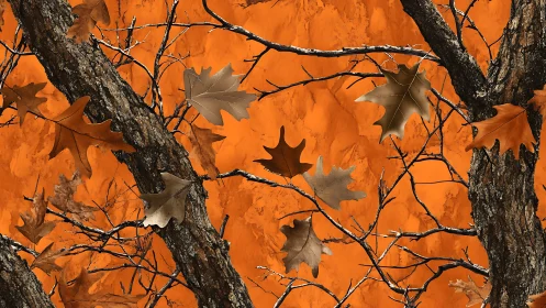 Autumn oak branches layered on vivid orange backdrop.