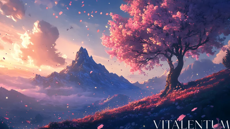 Blossom-covered hillside watching over a dreamy sunset peak.
