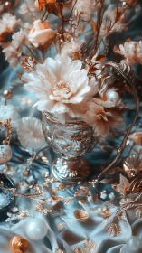 Hyperrealistic Floral Arrangement: Volumetric Peony Blooms in Crystal Vessel with Metallic Accents
