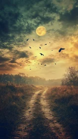 Moonlit dirt road cuts through autumn field at dusk glow.